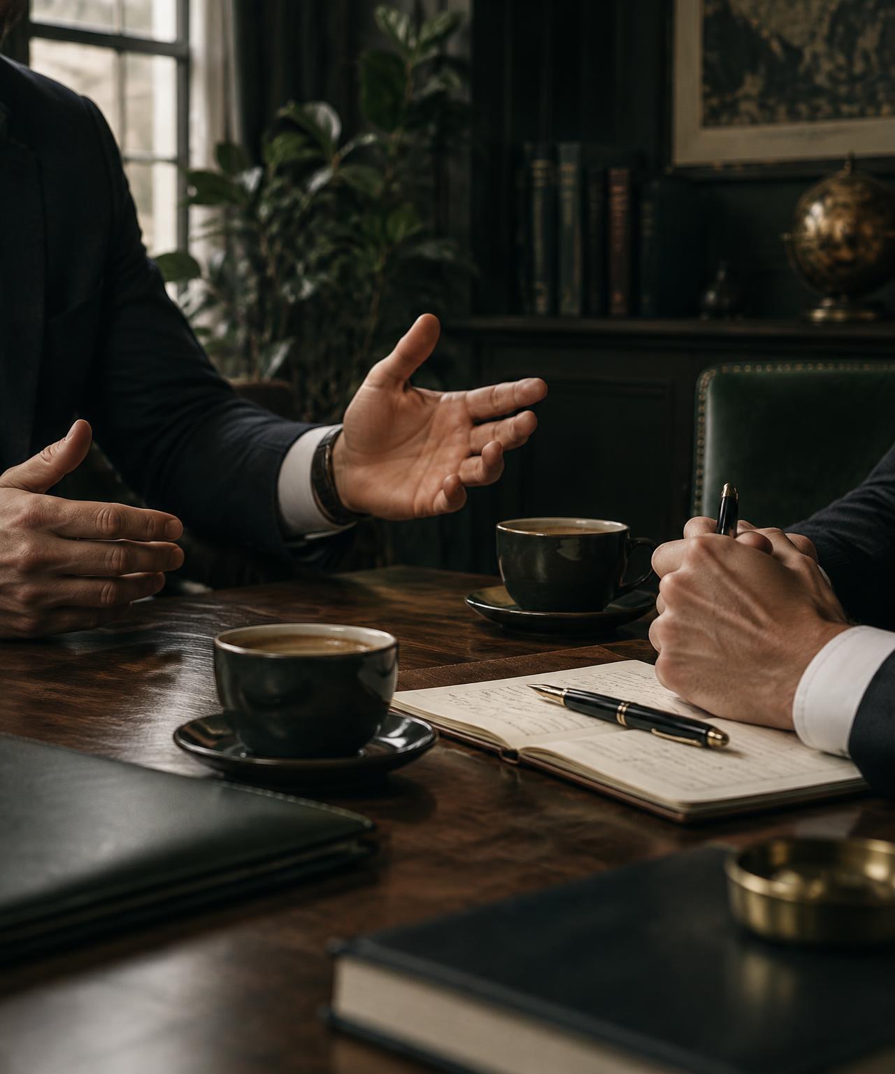 Two people in conversation across a table, one explaining, the other taking notes